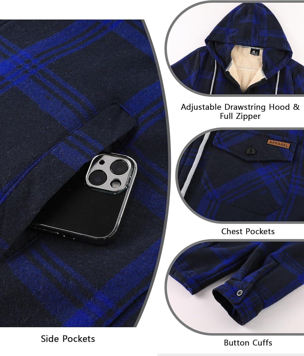 imageZITY Mens Flannel Jacket Zip Up Fleece Hoodies Casual Plaid Coat with Pokect Winter Warm Sherpa Lined SweatshirtBlue Navy