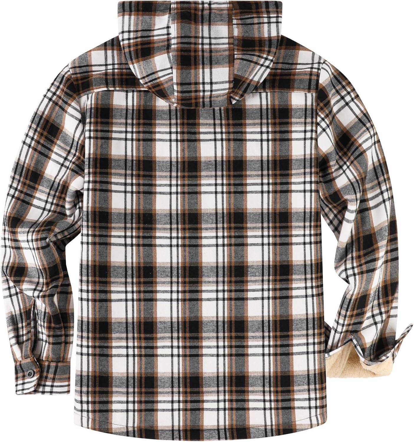 imageZITY Mens Flannel Jacket Zip Up Fleece Hoodies Casual Plaid Coat with Pokect Winter Warm Sherpa Lined SweatshirtBrown White