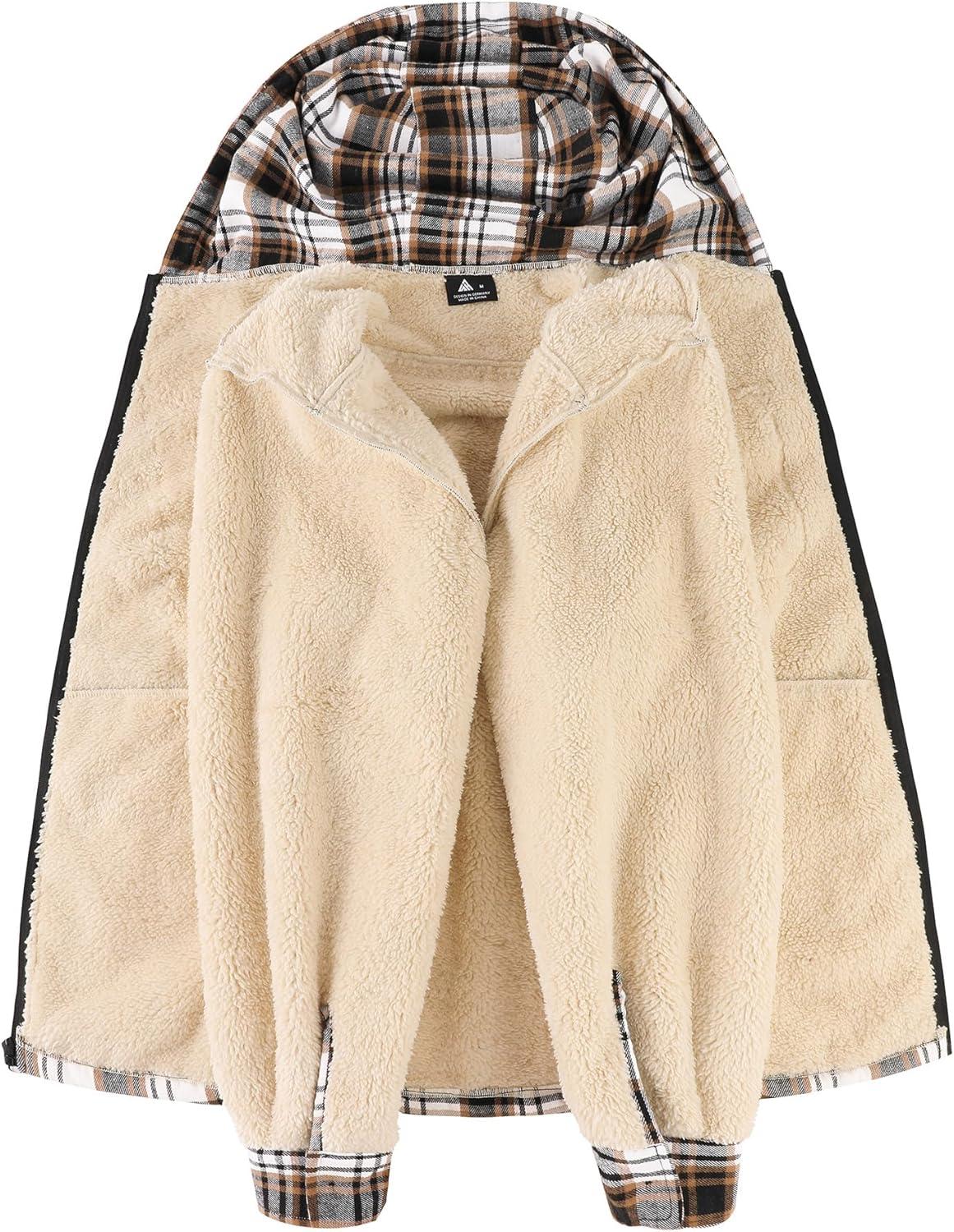imageZITY Mens Flannel Jacket Zip Up Fleece Hoodies Casual Plaid Coat with Pokect Winter Warm Sherpa Lined SweatshirtBrown White