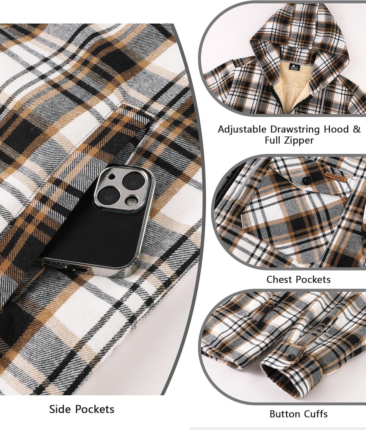 imageZITY Mens Flannel Jacket Zip Up Fleece Hoodies Casual Plaid Coat with Pokect Winter Warm Sherpa Lined SweatshirtBrown White