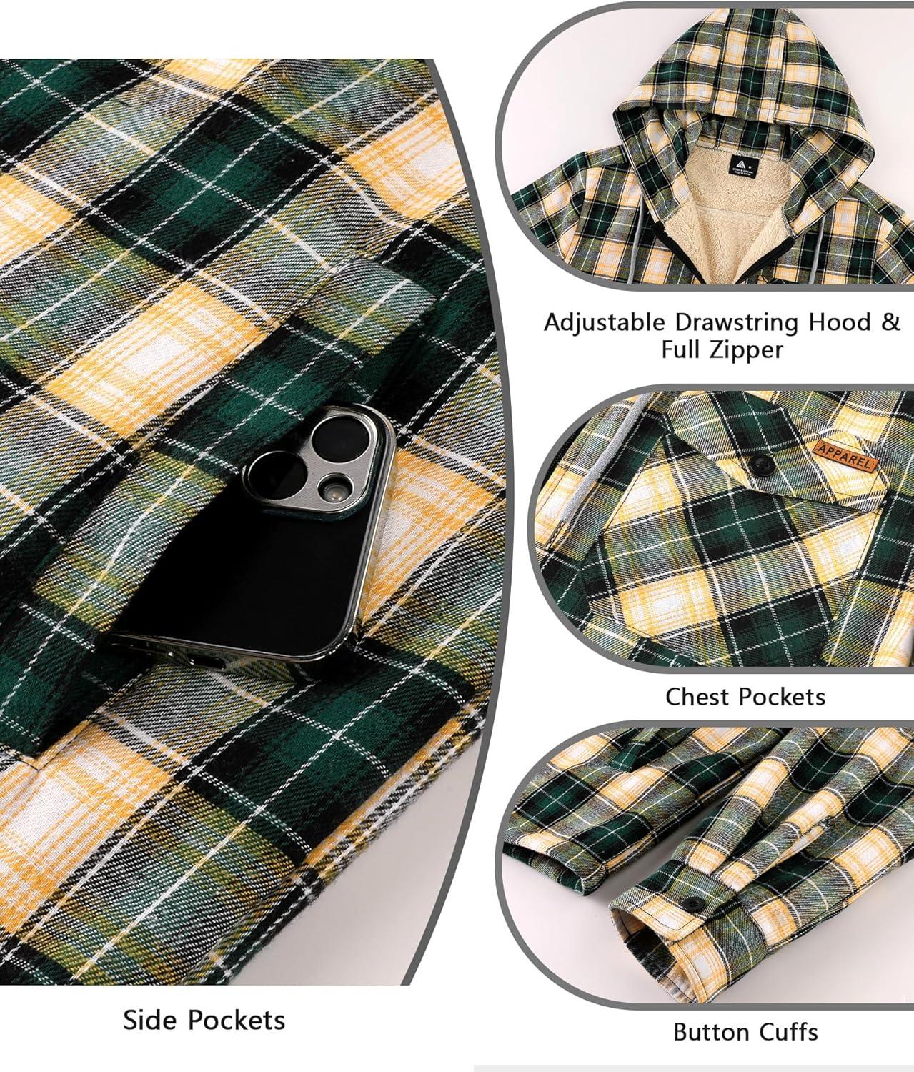 imageZITY Mens Flannel Jacket Zip Up Fleece Hoodies Casual Plaid Coat with Pokect Winter Warm Sherpa Lined SweatshirtGreen Beige