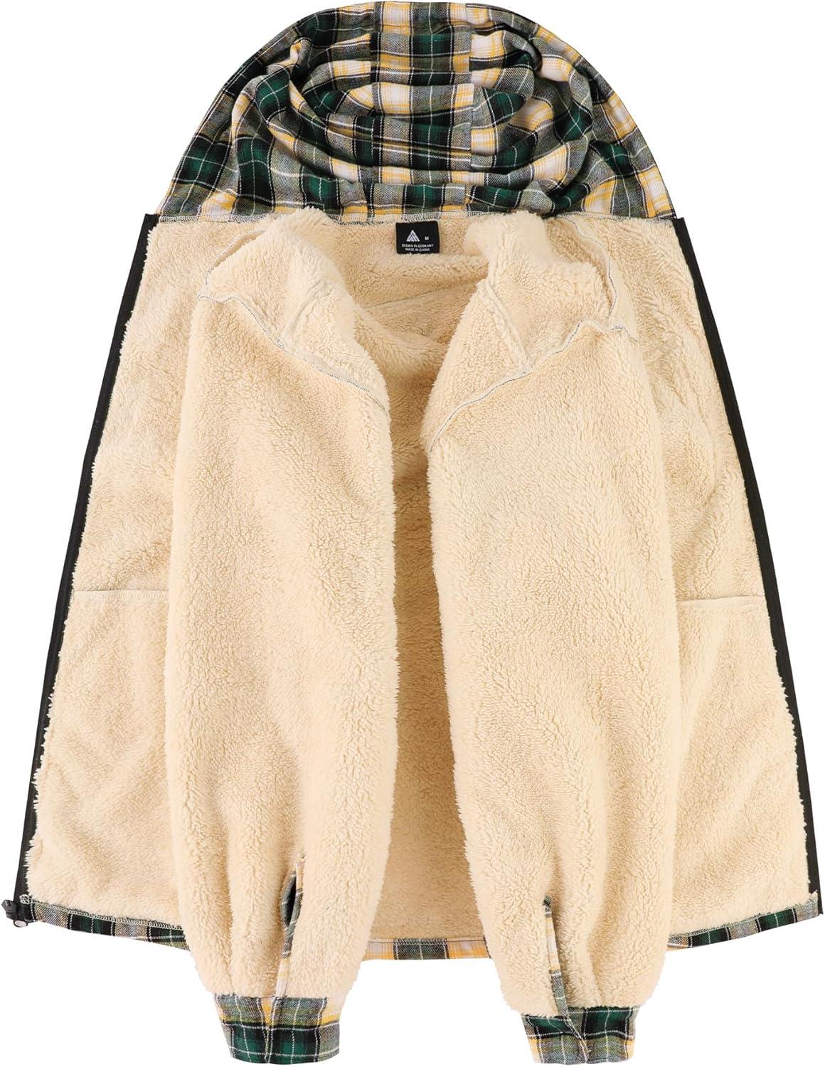 imageZITY Mens Flannel Jacket Zip Up Fleece Hoodies Casual Plaid Coat with Pokect Winter Warm Sherpa Lined SweatshirtGreen Beige