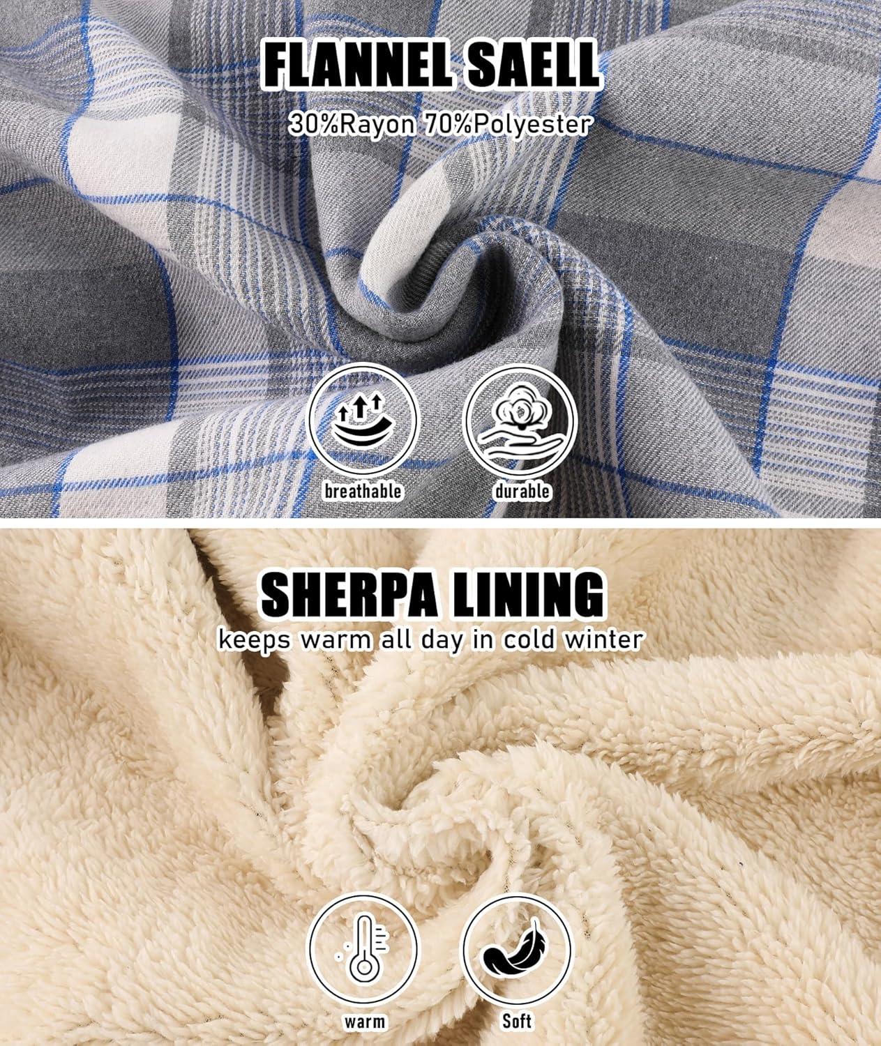 imageZITY Mens Flannel Jacket Zip Up Fleece Hoodies Casual Plaid Coat with Pokect Winter Warm Sherpa Lined SweatshirtGrey