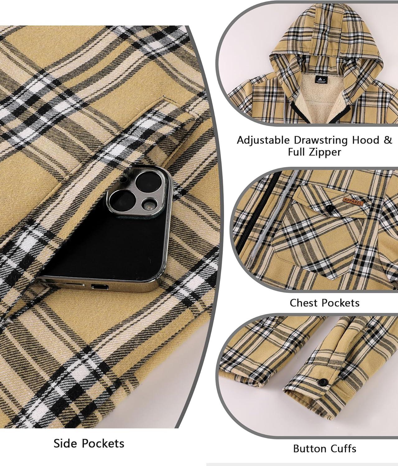 imageZITY Mens Flannel Jacket Zip Up Fleece Hoodies Casual Plaid Coat with Pokect Winter Warm Sherpa Lined SweatshirtKhaki