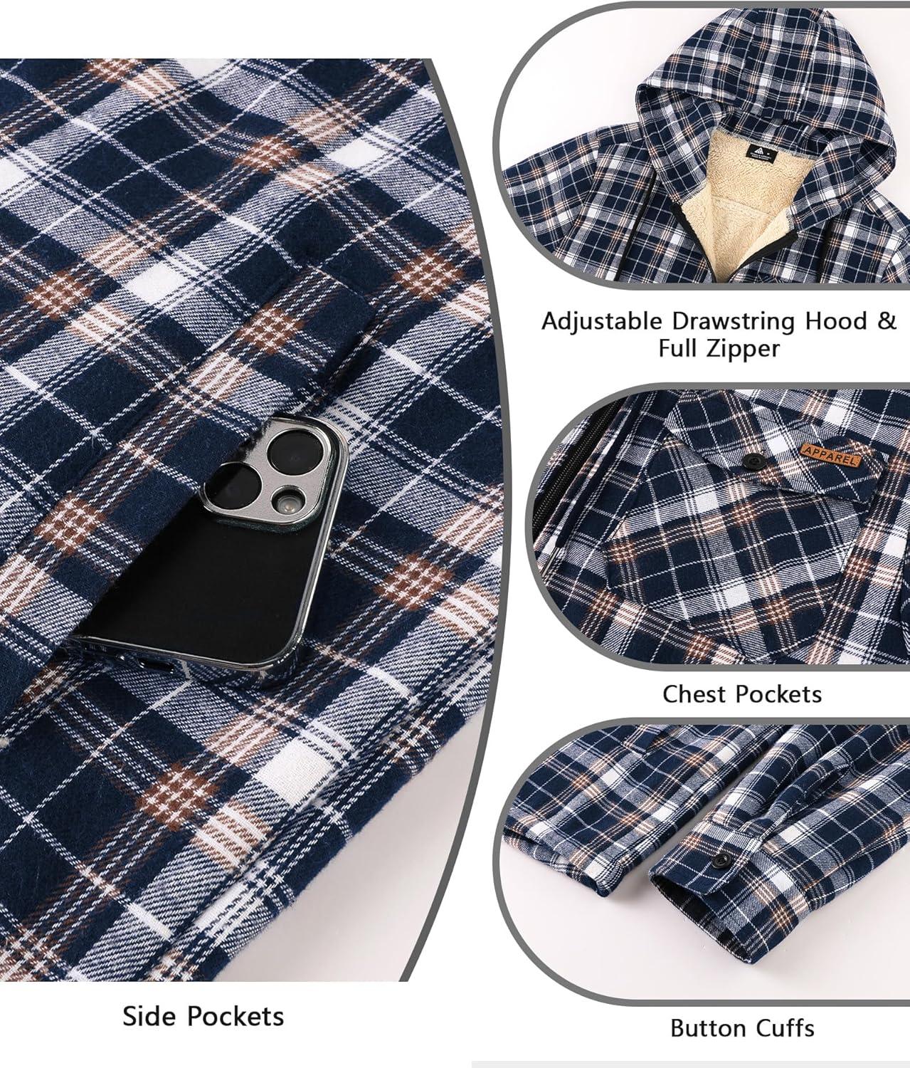 imageZITY Mens Flannel Jacket Zip Up Fleece Hoodies Casual Plaid Coat with Pokect Winter Warm Sherpa Lined SweatshirtNavy White
