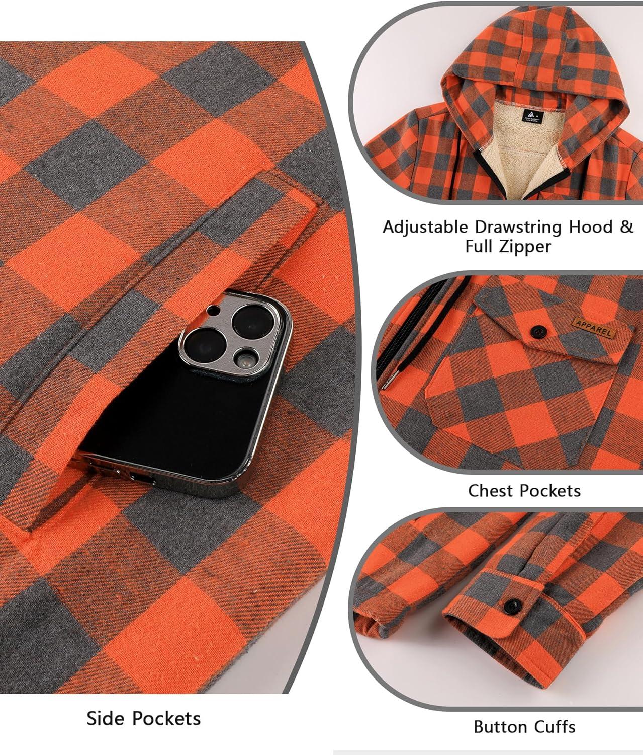 imageZITY Mens Flannel Jacket Zip Up Fleece Hoodies Casual Plaid Coat with Pokect Winter Warm Sherpa Lined SweatshirtOrange