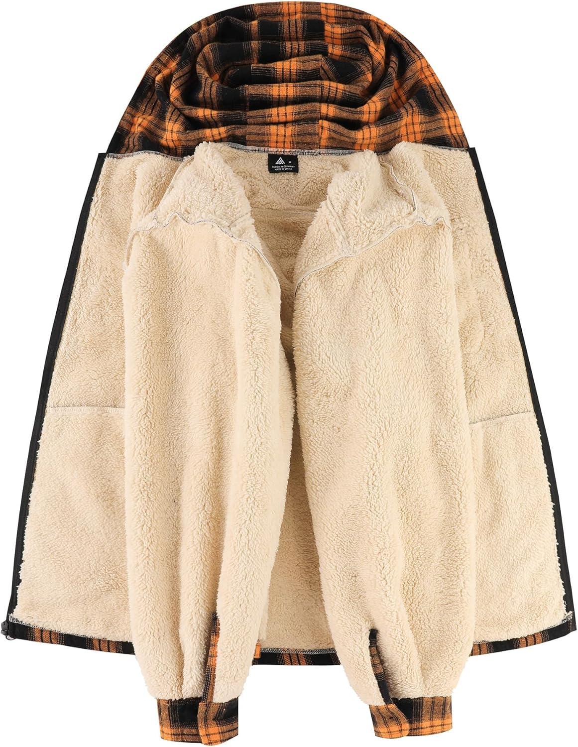 imageZITY Mens Flannel Jacket Zip Up Fleece Hoodies Casual Plaid Coat with Pokect Winter Warm Sherpa Lined SweatshirtOrange Black