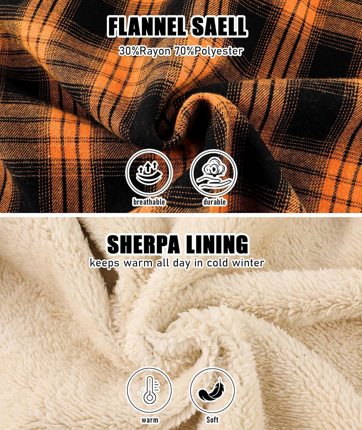 imageZITY Mens Flannel Jacket Zip Up Fleece Hoodies Casual Plaid Coat with Pokect Winter Warm Sherpa Lined SweatshirtOrange Black