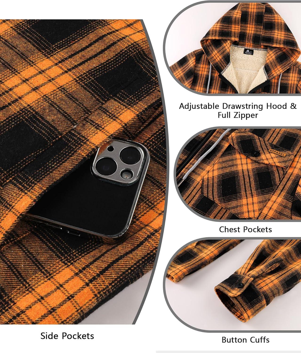 imageZITY Mens Flannel Jacket Zip Up Fleece Hoodies Casual Plaid Coat with Pokect Winter Warm Sherpa Lined SweatshirtOrange Black