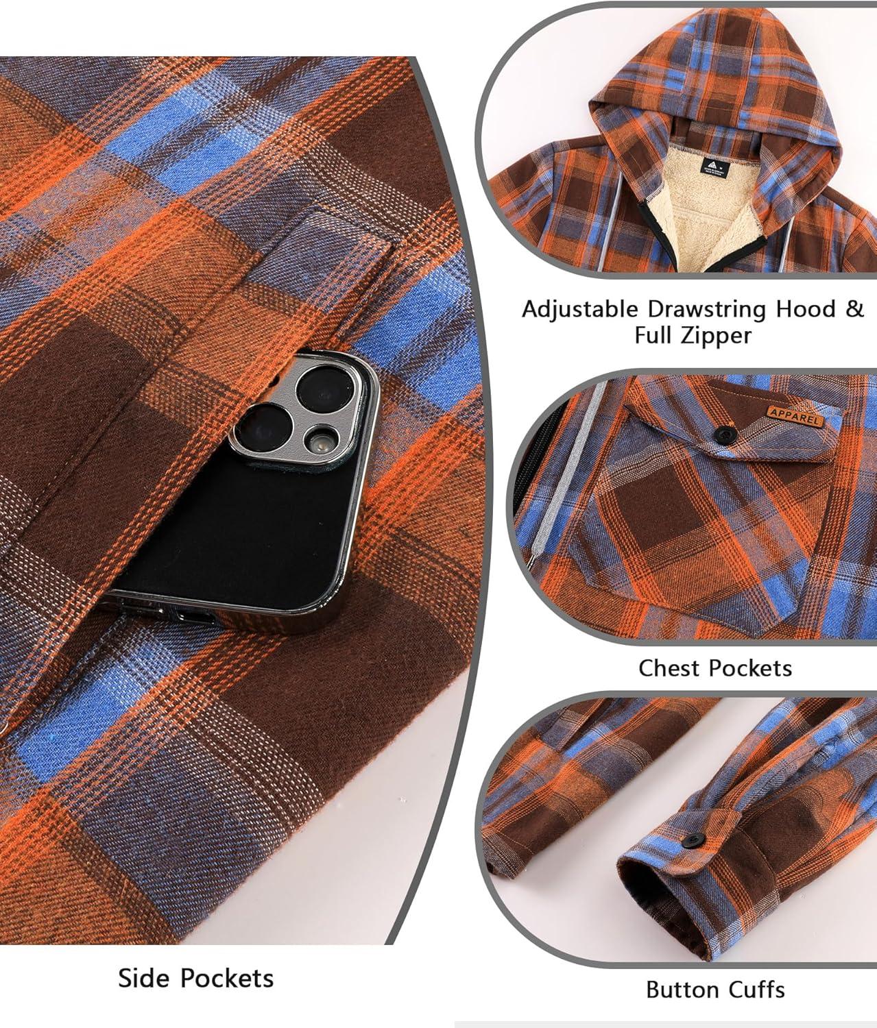 imageZITY Mens Flannel Jacket Zip Up Fleece Hoodies Casual Plaid Coat with Pokect Winter Warm Sherpa Lined SweatshirtOrange Blue