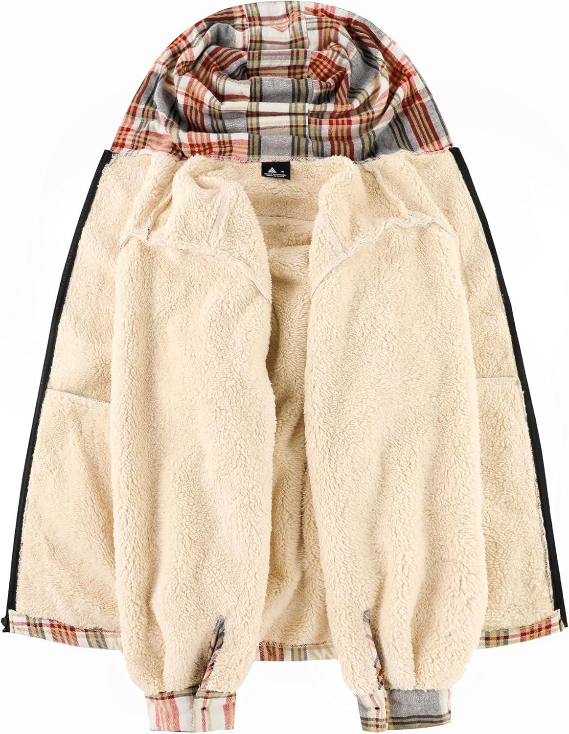 imageZITY Mens Flannel Jacket Zip Up Fleece Hoodies Casual Plaid Coat with Pokect Winter Warm Sherpa Lined SweatshirtWine Red Beige