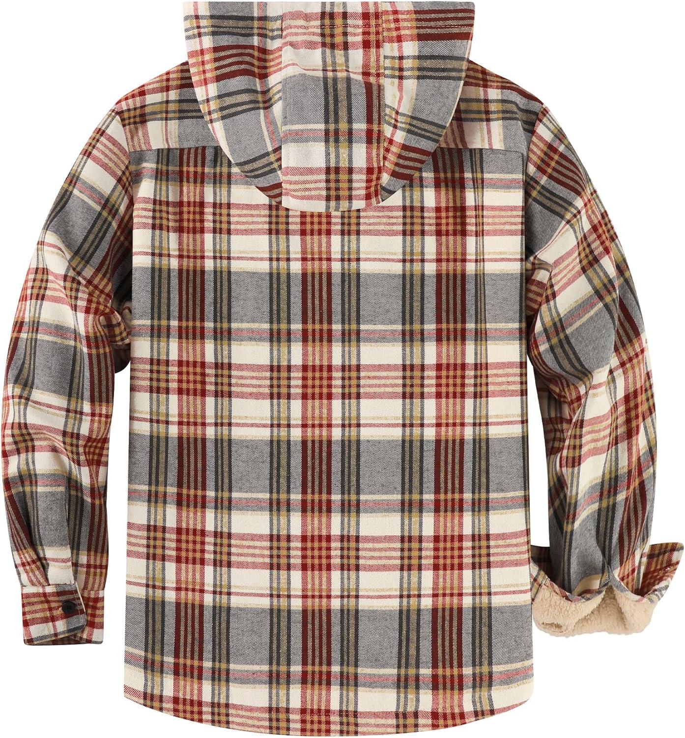 imageZITY Mens Flannel Jacket Zip Up Fleece Hoodies Casual Plaid Coat with Pokect Winter Warm Sherpa Lined SweatshirtWine Red Beige