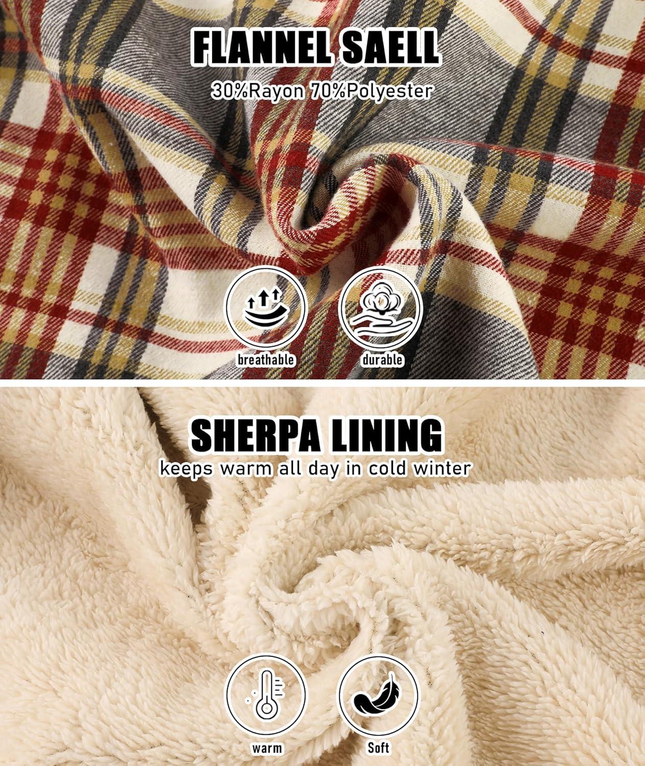 imageZITY Mens Flannel Jacket Zip Up Fleece Hoodies Casual Plaid Coat with Pokect Winter Warm Sherpa Lined SweatshirtWine Red Beige