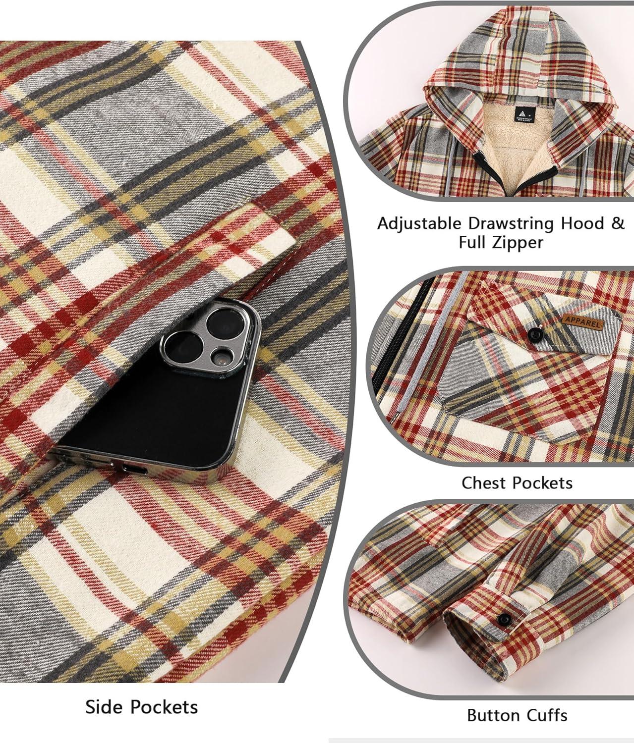 imageZITY Mens Flannel Jacket Zip Up Fleece Hoodies Casual Plaid Coat with Pokect Winter Warm Sherpa Lined SweatshirtWine Red Beige