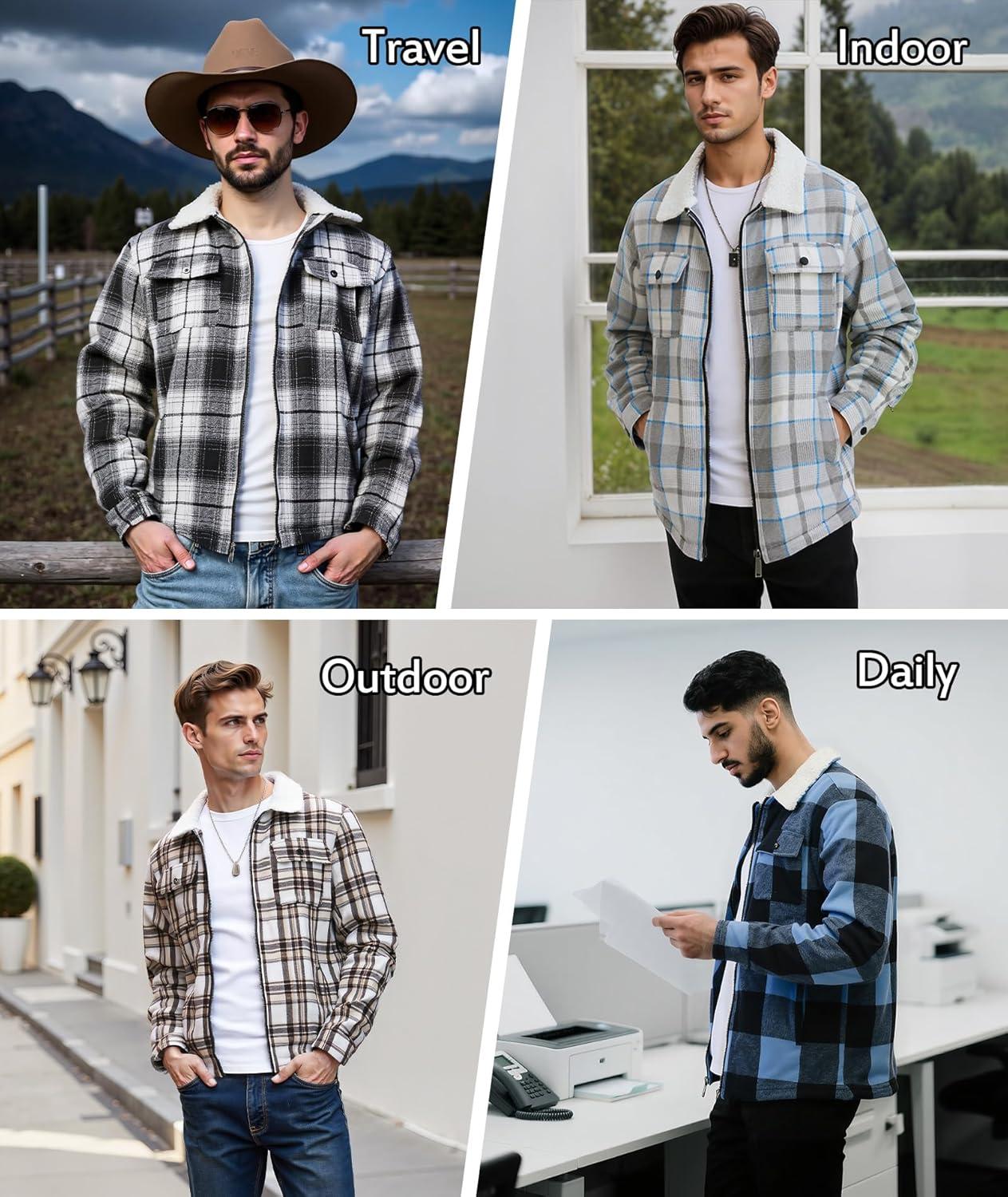 imageZITY Mens Flannel Shirts Jacket Warm Sherpa Lined Fleece Plaid Winter Coat
