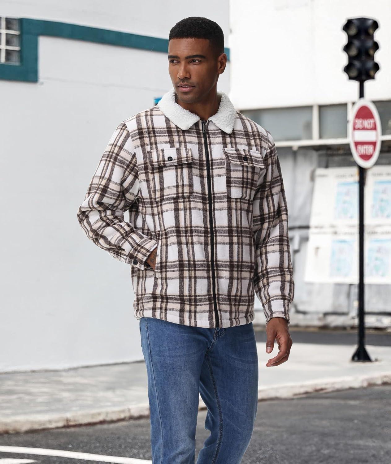 imageZITY Mens Flannel Shirts Jacket Warm Sherpa Lined Fleece Plaid Winter Coat