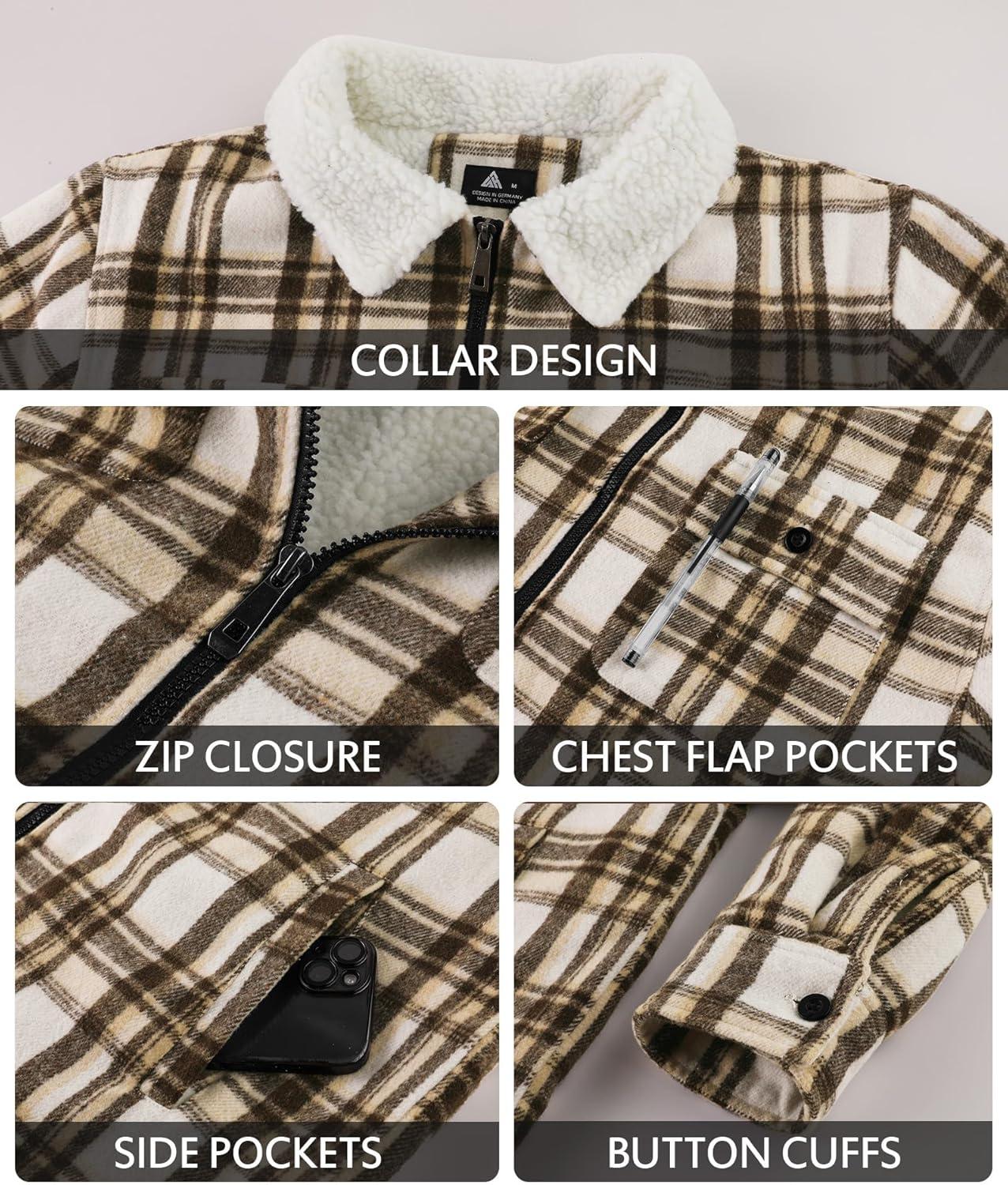 imageZITY Mens Flannel Shirts Jacket Warm Sherpa Lined Fleece Plaid Winter Coat