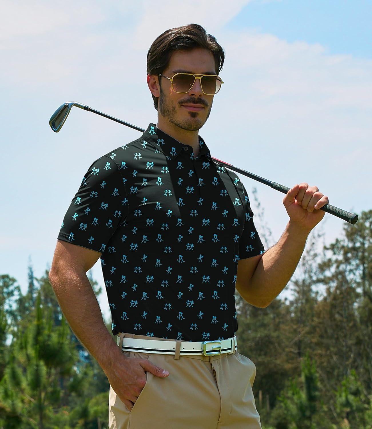 imageZITY Mens Golf Polo Shirt Short Sleeve Performance Moisture Wicking Collared Print Shirt for Golf and Casual WearBlack Blue Matchmaker