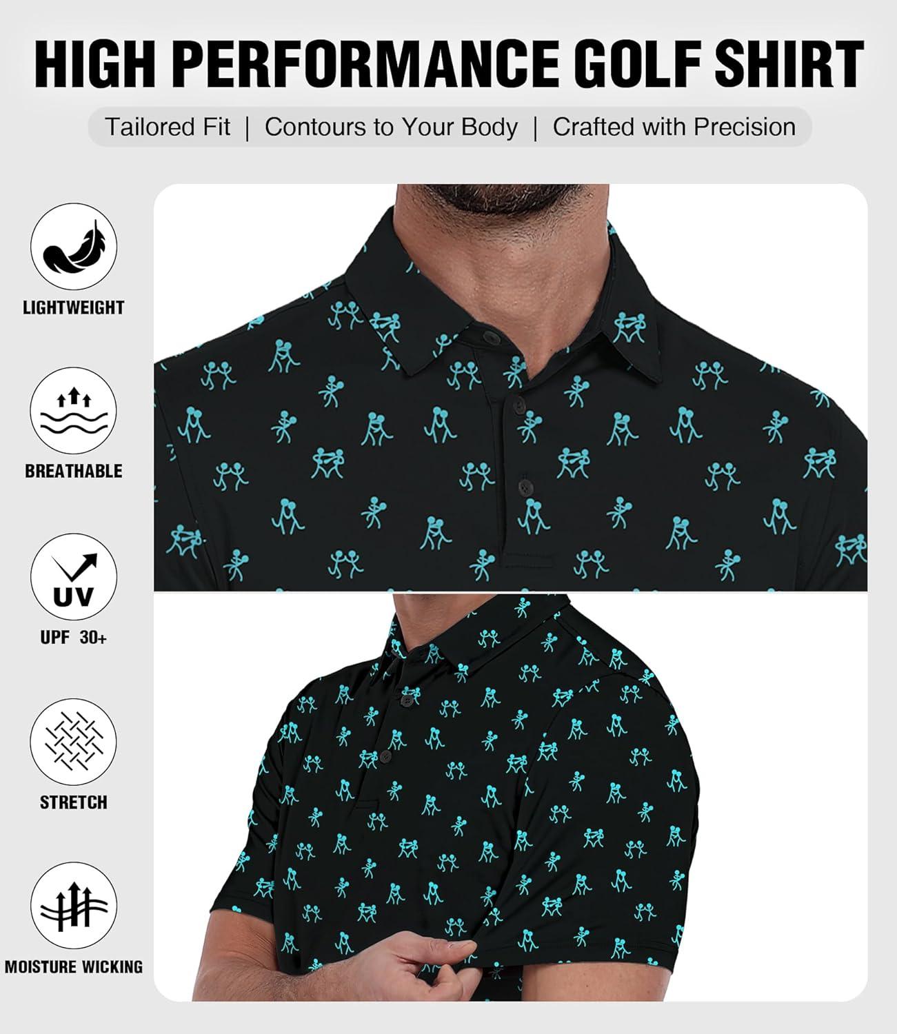 imageZITY Mens Golf Polo Shirt Short Sleeve Performance Moisture Wicking Collared Print Shirt for Golf and Casual WearBlack Blue Matchmaker