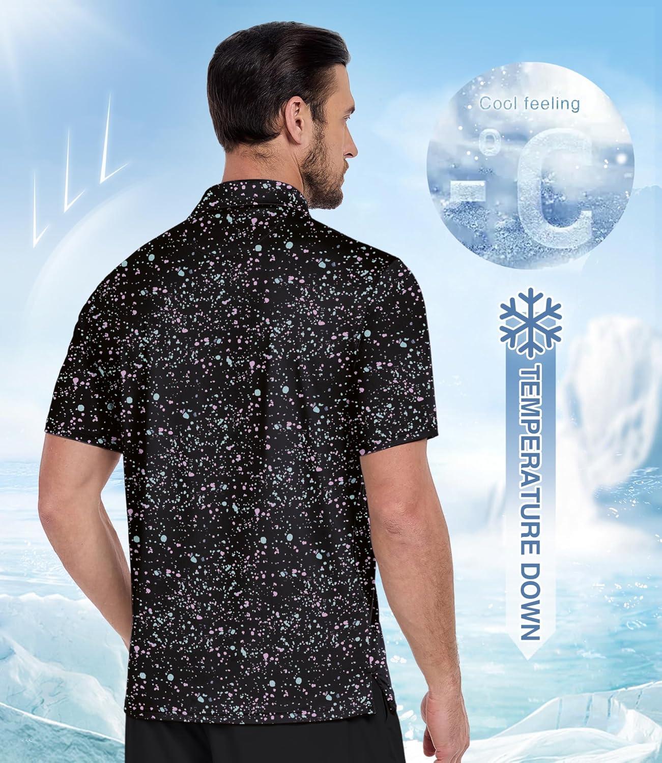 imageZITY Mens Golf Polo Shirt Short Sleeve Performance Moisture Wicking Collared Print Shirt for Golf and Casual WearBlack Splattered Paint