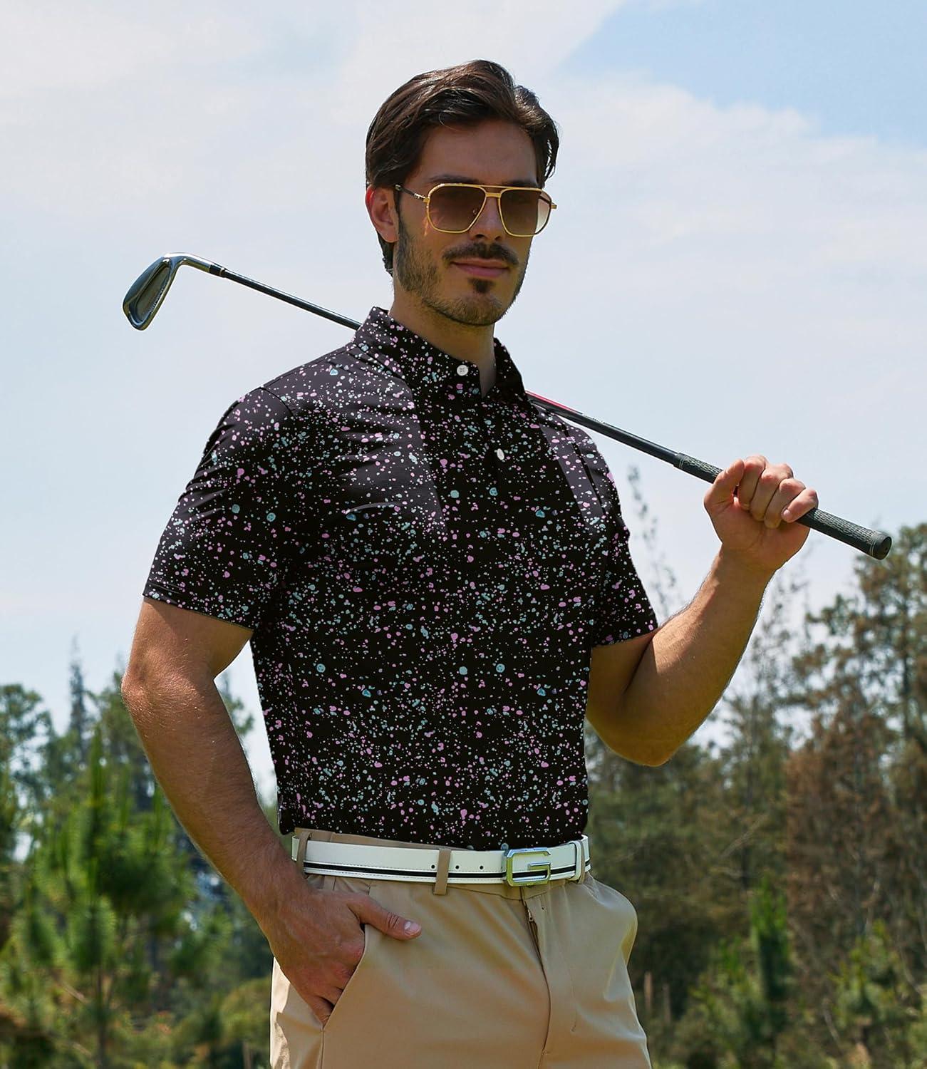 imageZITY Mens Golf Polo Shirt Short Sleeve Performance Moisture Wicking Collared Print Shirt for Golf and Casual WearBlack Splattered Paint