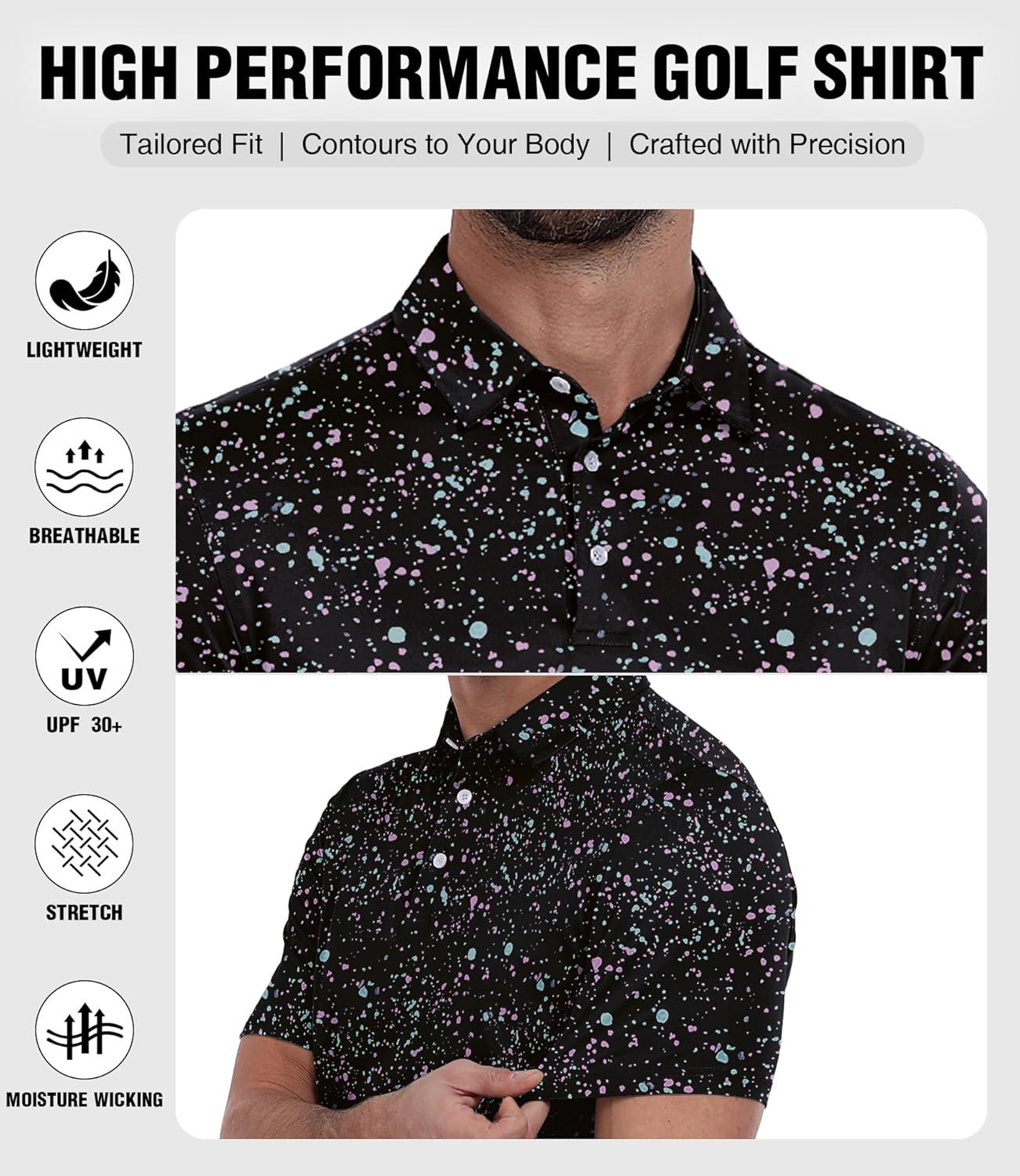 imageZITY Mens Golf Polo Shirt Short Sleeve Performance Moisture Wicking Collared Print Shirt for Golf and Casual WearBlack Splattered Paint