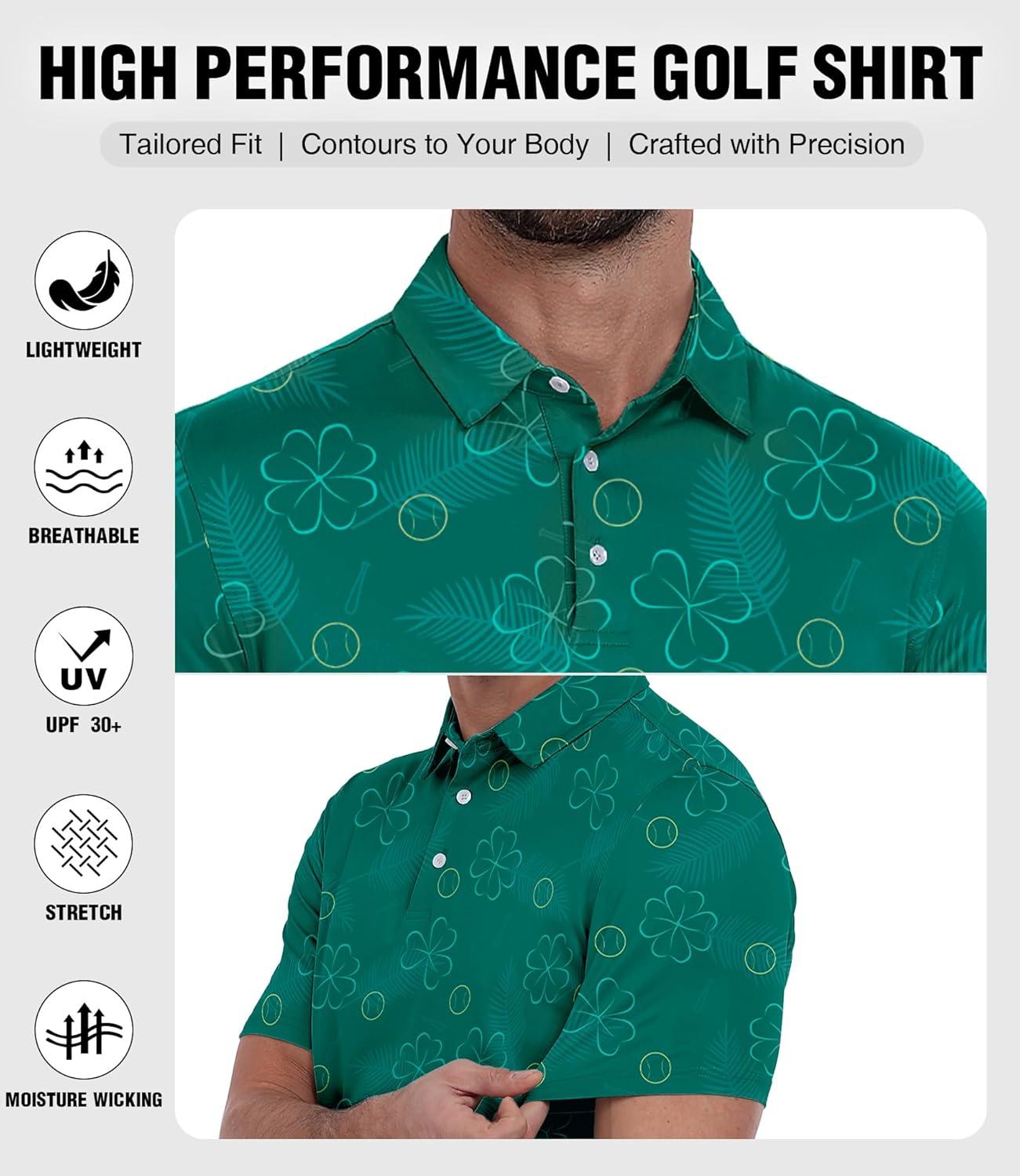 imageZITY Mens Golf Polo Shirt Short Sleeve Performance Moisture Wicking Collared Print Shirt for Golf and Casual WearClover Golf