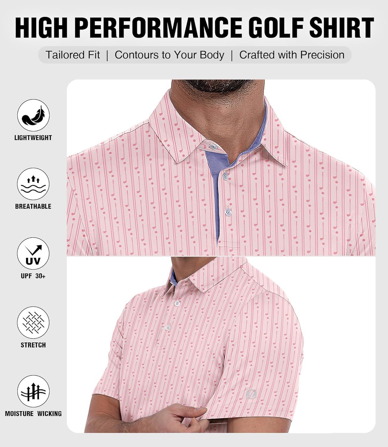 imageZITY Mens Golf Polo Shirt Short Sleeve Performance Moisture Wicking Collared Print Shirt for Golf and Casual WearPink Golf Club