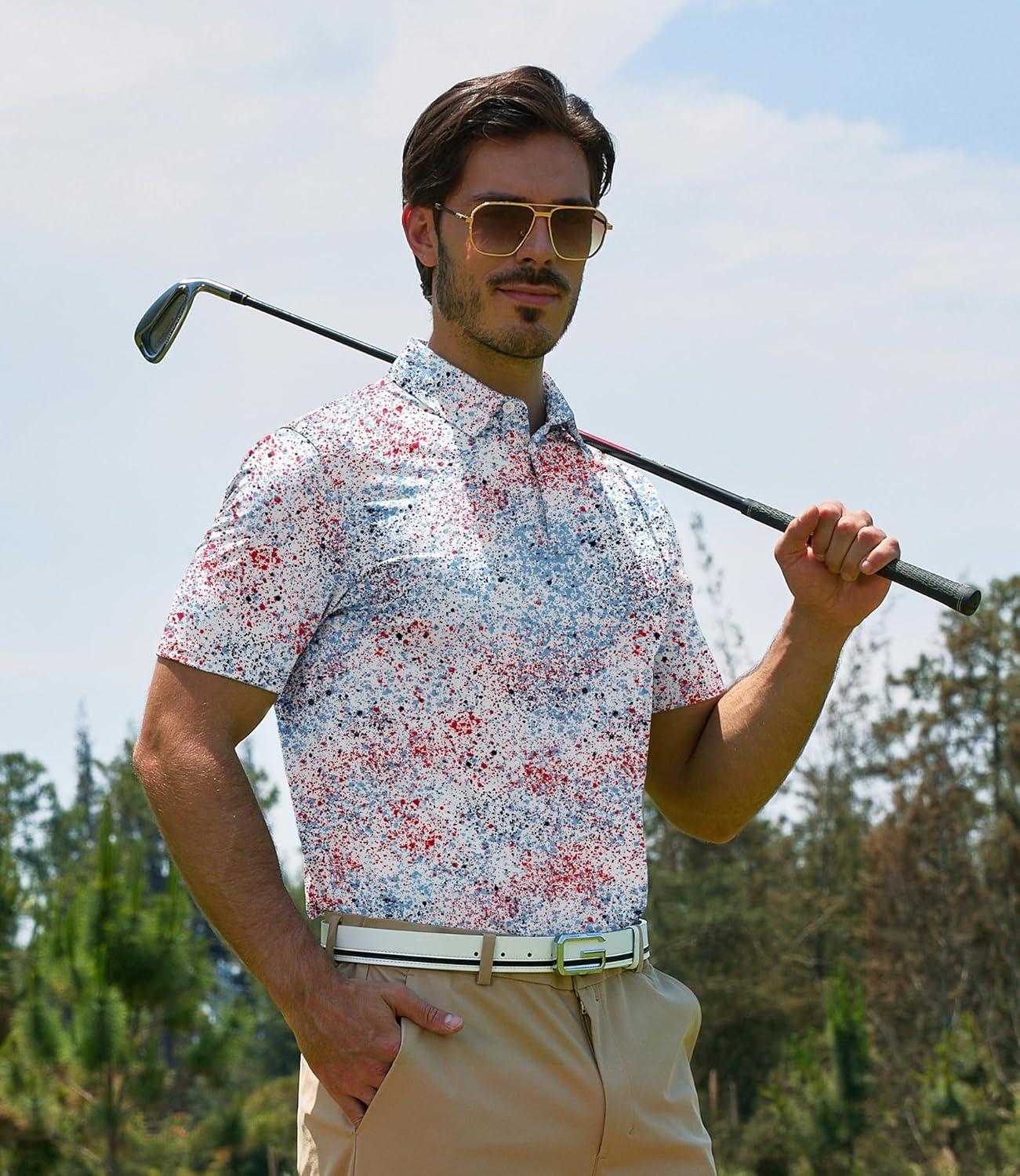 imageZITY Mens Golf Polo Shirt Short Sleeve Performance Moisture Wicking Collared Print Shirt for Golf and Casual WearRed Blue Splattered Paint