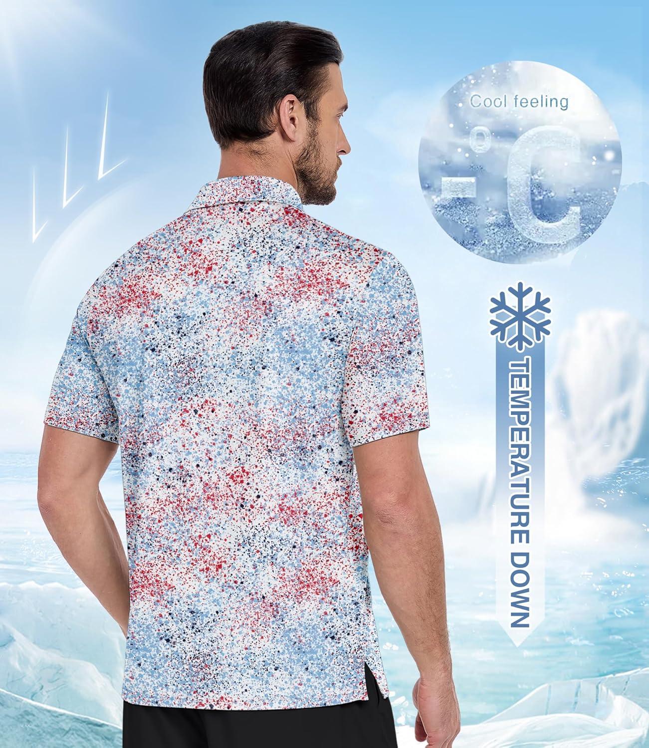 imageZITY Mens Golf Polo Shirt Short Sleeve Performance Moisture Wicking Collared Print Shirt for Golf and Casual WearRed Blue Splattered Paint