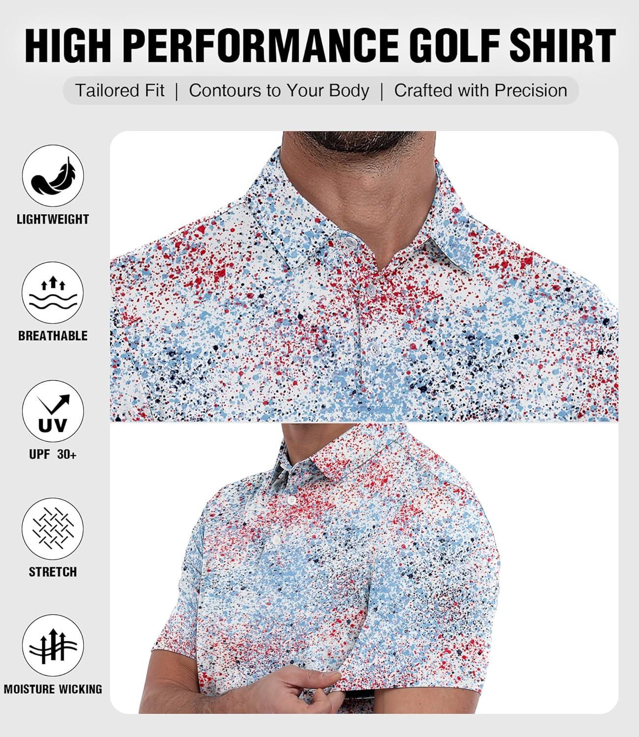 imageZITY Mens Golf Polo Shirt Short Sleeve Performance Moisture Wicking Collared Print Shirt for Golf and Casual WearRed Blue Splattered Paint
