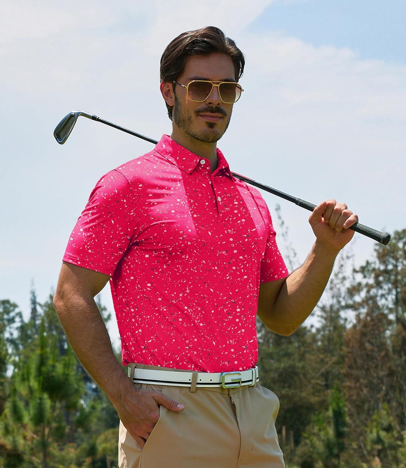 imageZITY Mens Golf Polo Shirt Short Sleeve Performance Moisture Wicking Collared Print Shirt for Golf and Casual WearRed Splattered Paint
