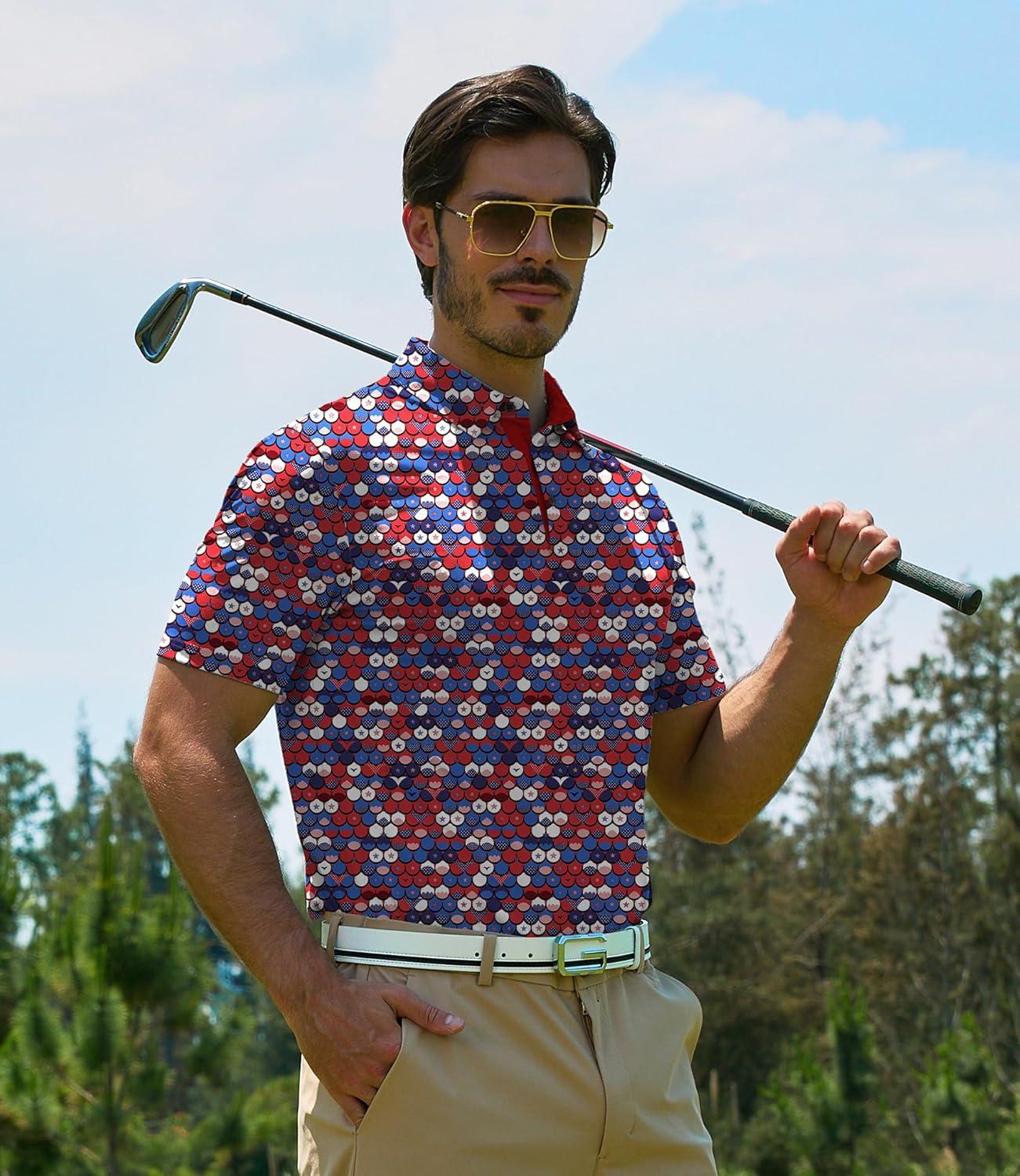 imageZITY Mens Golf Polo Shirt Short Sleeve Performance Moisture Wicking Collared Print Shirt for Golf and Casual WearRed White Blue