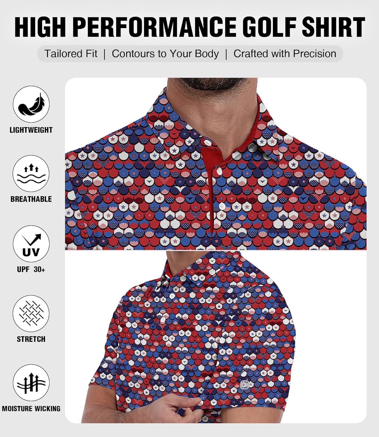 imageZITY Mens Golf Polo Shirt Short Sleeve Performance Moisture Wicking Collared Print Shirt for Golf and Casual WearRed White Blue