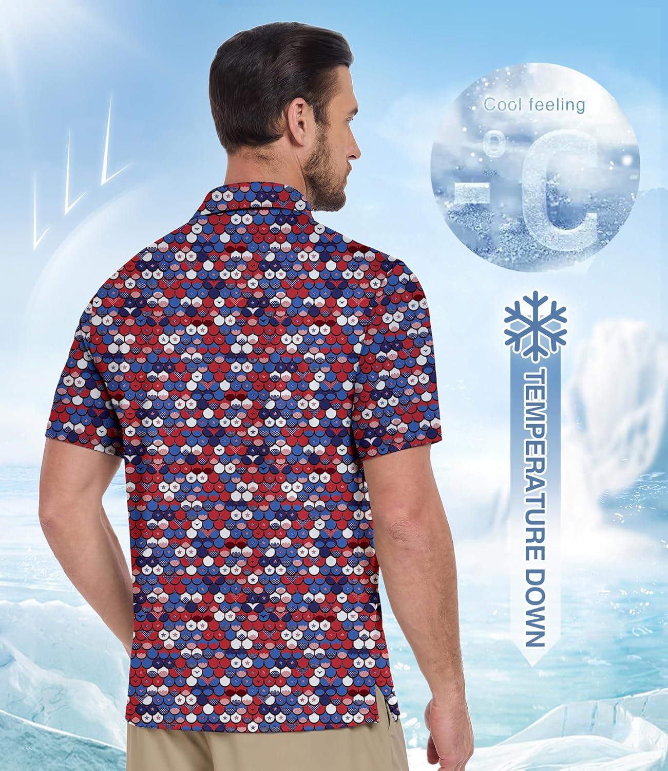 imageZITY Mens Golf Polo Shirt Short Sleeve Performance Moisture Wicking Collared Print Shirt for Golf and Casual WearRed White Blue