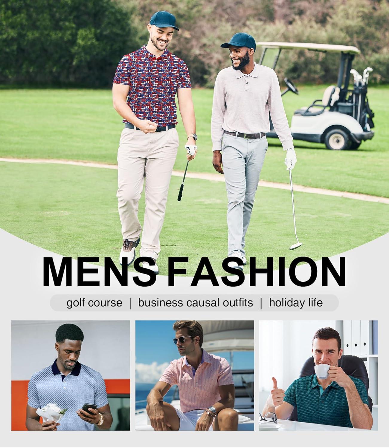 imageZITY Mens Golf Polo Shirt Short Sleeve Performance Moisture Wicking Collared Print Shirt for Golf and Casual WearRed White Blue