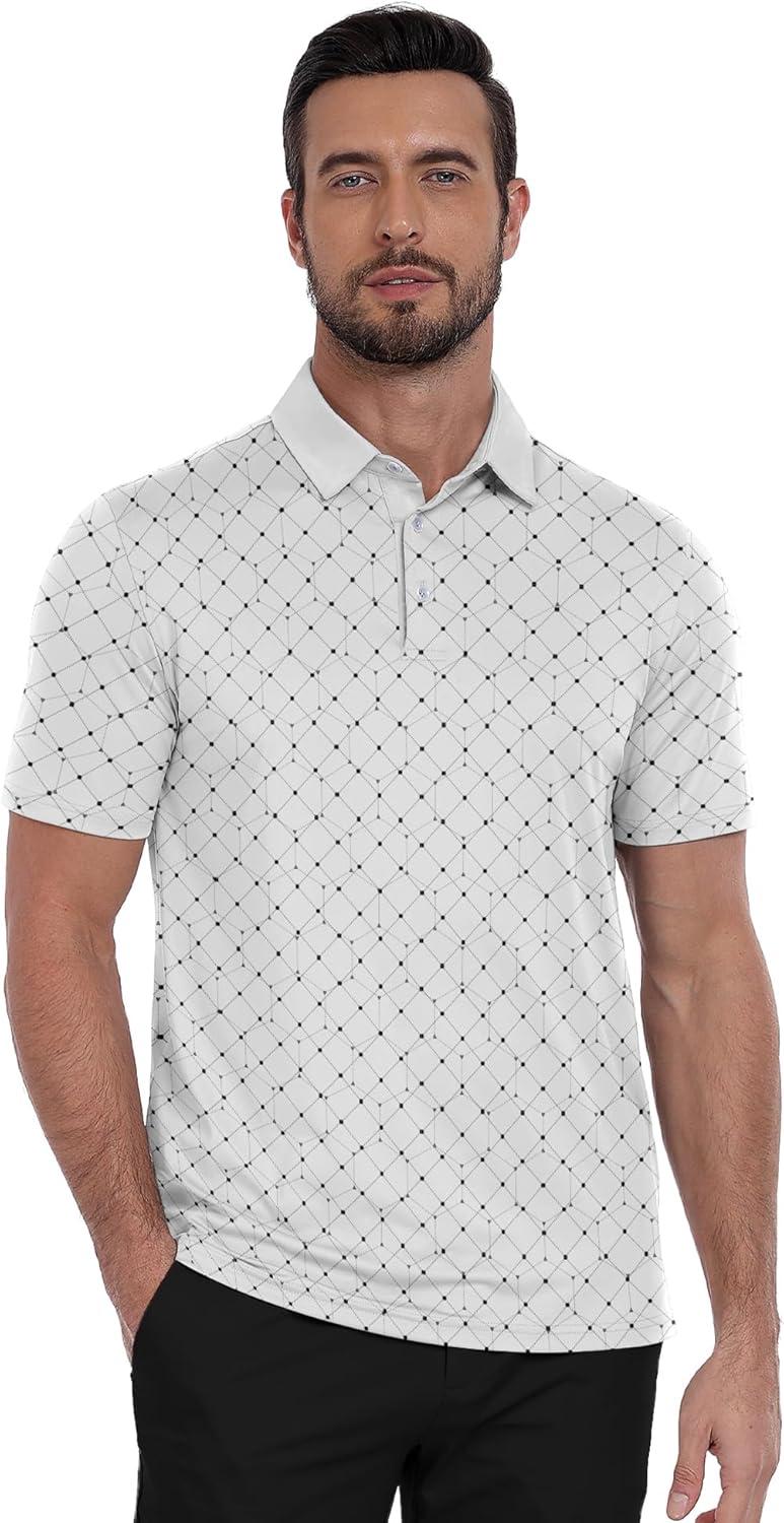 imageZITY Mens Golf Polo Shirt Short Sleeve Performance Moisture Wicking Collared Print Shirt for Golf and Casual WearZhexagon White