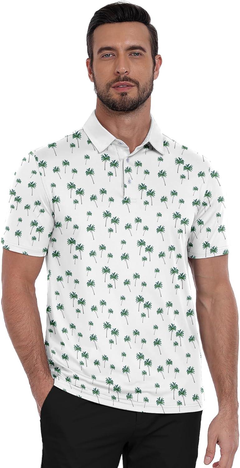 imageZITY Mens Golf Polo Shirt Short Sleeve Performance Moisture Wicking Collared Print Shirt for Golf and Casual WearZwhite Coconut Tree