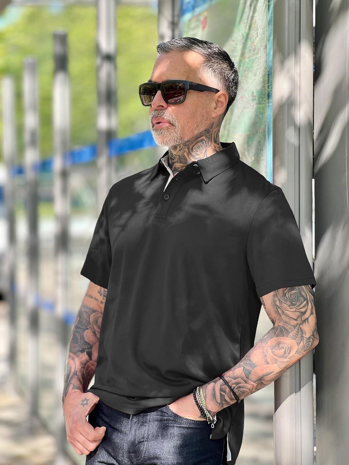 imageZITY Mens Golf Polo Shirts Short Sleeve Quickly Dry Performance Collared Polo Tennis Casual Shirt for MenDark Grey