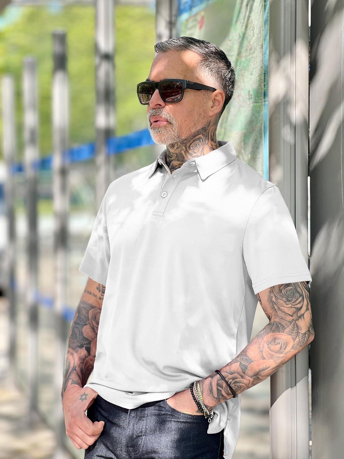 imageZITY Mens Golf Polo Shirts Short Sleeve Quickly Dry Performance Collared Polo Tennis Casual Shirt for MenWhite