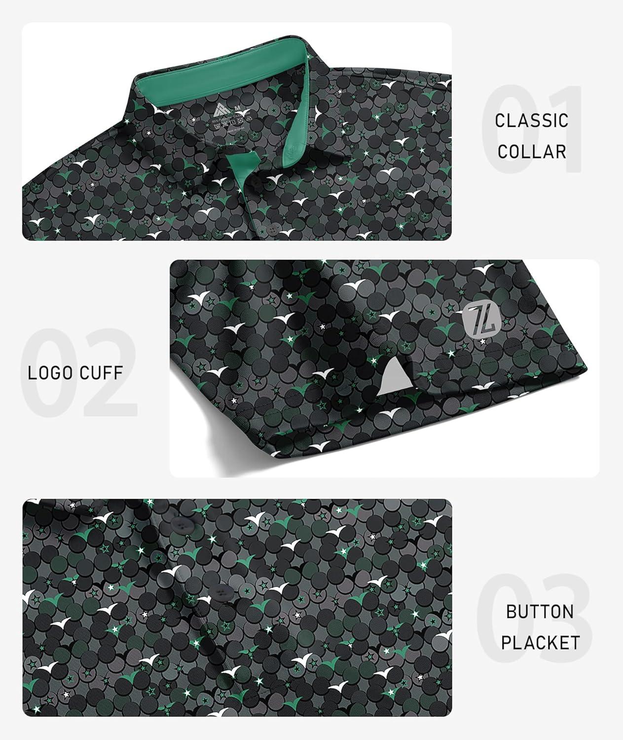 imageZITY Mens Golf Polo Shirts Short Sleeve UPF 50 Performance Moisture Wicking Print Pattern Casual Collared Golf Shirt for MenForest Green