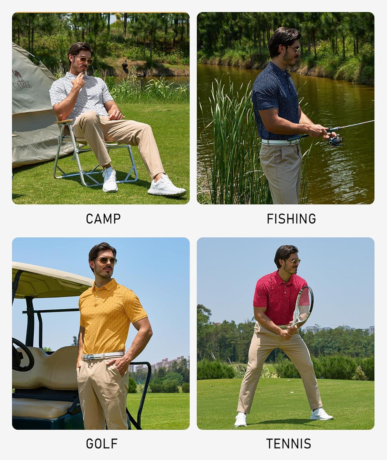 imageZITY Mens Golf Polo Shirts Short Sleeve UPF 50 Performance Moisture Wicking Print Pattern Casual Collared Golf Shirt for MenLight Orange