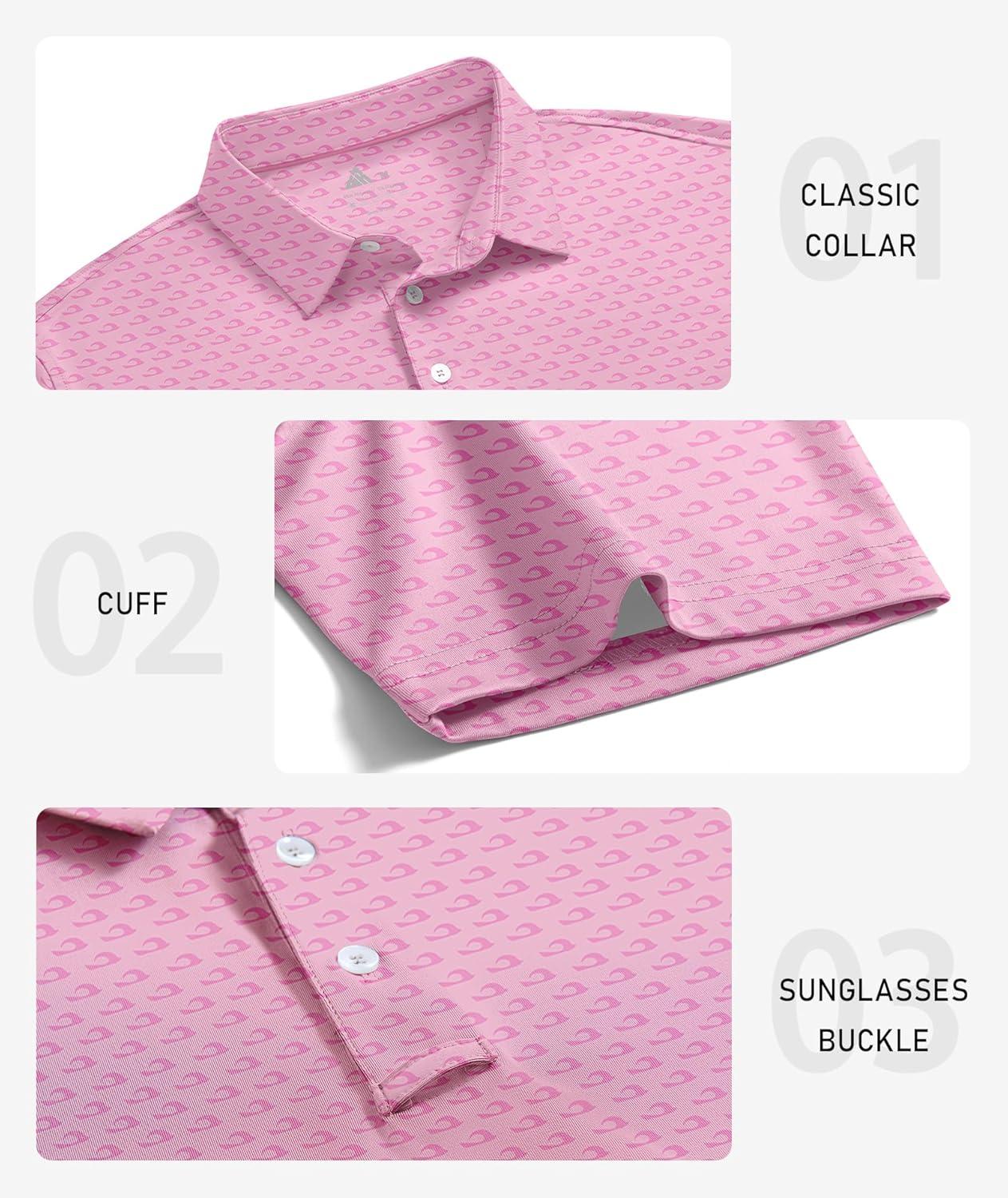 imageZITY Mens Golf Polo Shirts Short Sleeve UPF 50 Performance Moisture Wicking Print Pattern Casual Collared Golf Shirt for MenLight Pink