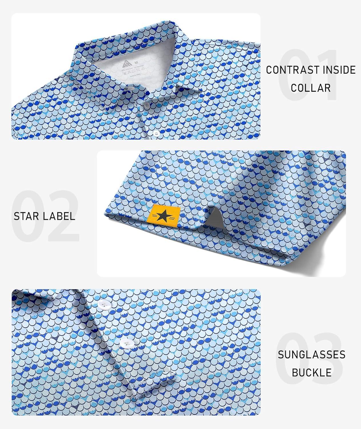 imageZITY Mens Golf Polo Shirts Short Sleeve UPF 50 Performance Moisture Wicking Print Pattern Casual Collared Golf Shirt for MenMoon Blue