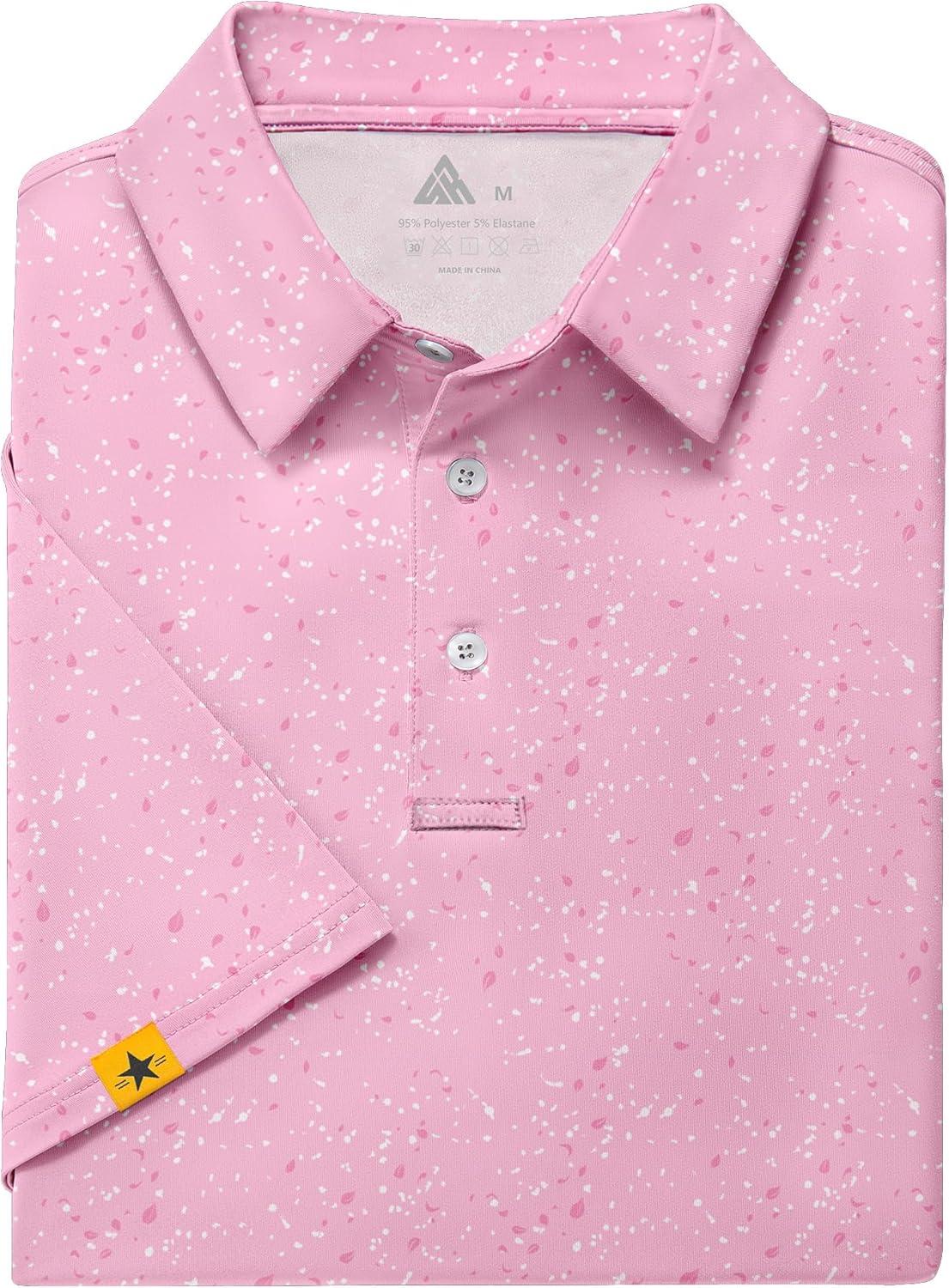 imageZITY Mens Golf Polo Shirts Short Sleeve UPF 50 Performance Moisture Wicking Print Pattern Casual Collared Golf Shirt for MenPink White