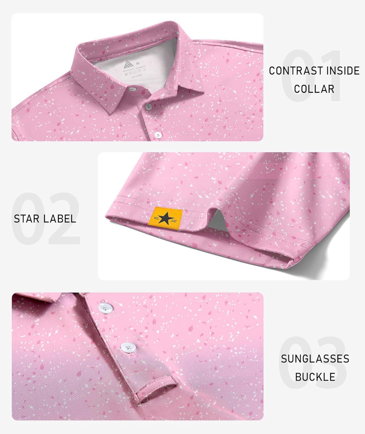 imageZITY Mens Golf Polo Shirts Short Sleeve UPF 50 Performance Moisture Wicking Print Pattern Casual Collared Golf Shirt for MenPink White