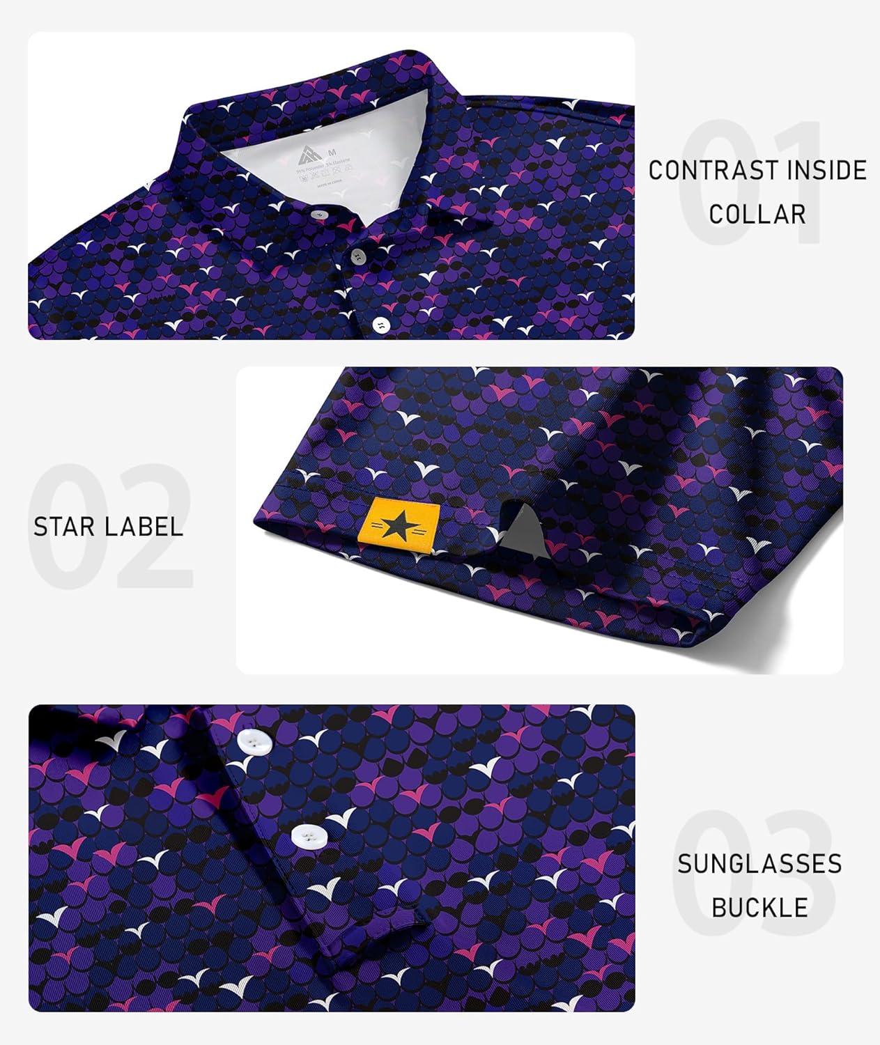 imageZITY Mens Golf Polo Shirts Short Sleeve UPF 50 Performance Moisture Wicking Print Pattern Casual Collared Golf Shirt for MenViolet