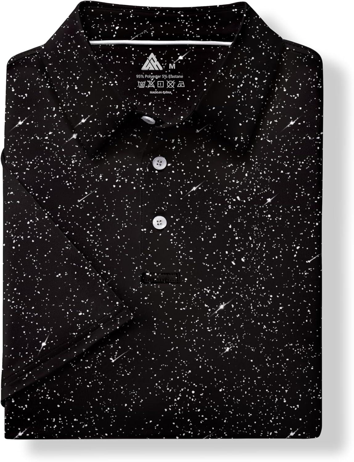 imageZITY Mens Golf Shirt Short Sleeve Moisture Wicking Performance Daily Casual Print Patterns Collared Golf Polo Shirts for MenBlack White Dots