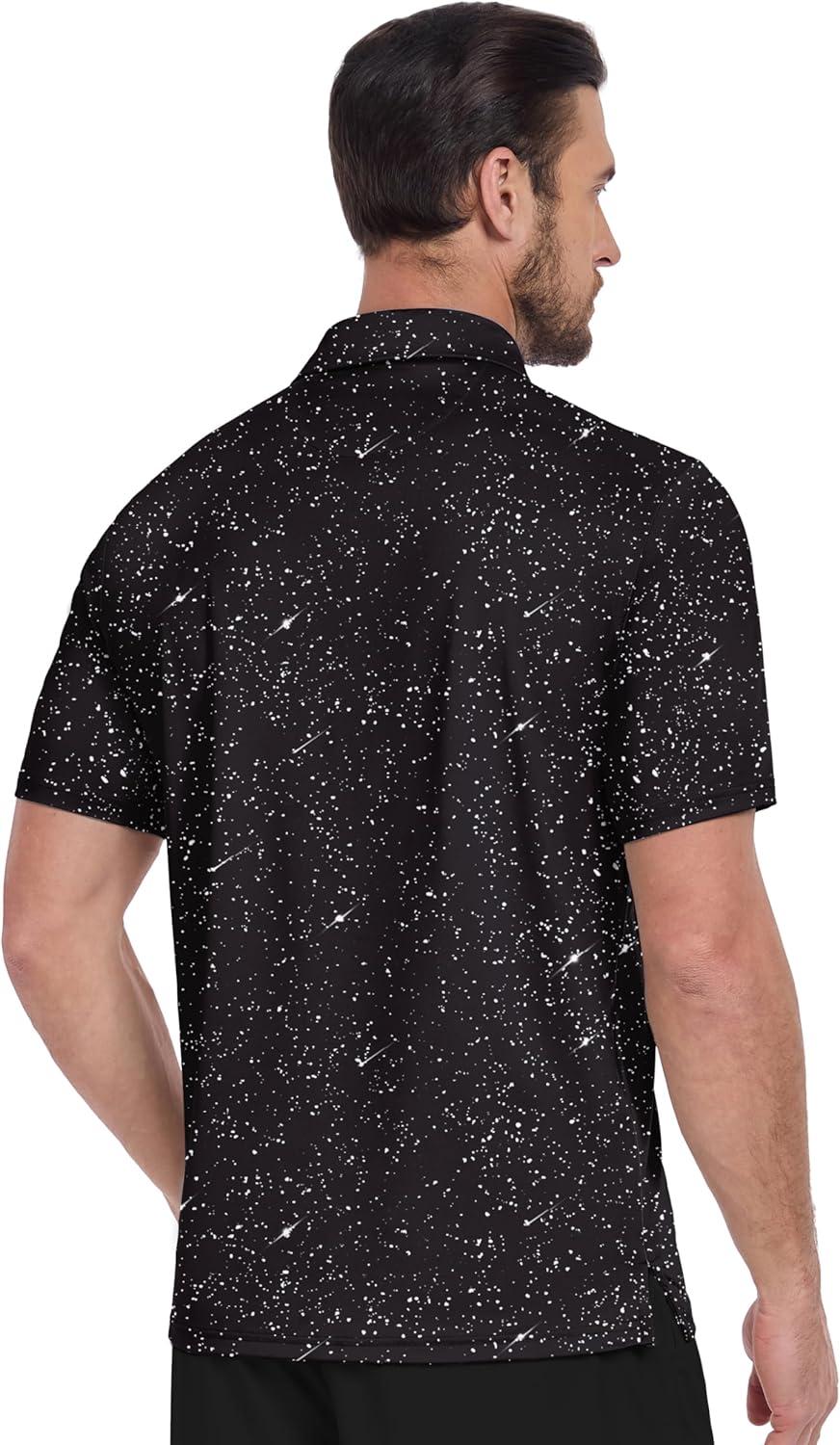 imageZITY Mens Golf Shirt Short Sleeve Moisture Wicking Performance Daily Casual Print Patterns Collared Golf Polo Shirts for MenBlack White Dots