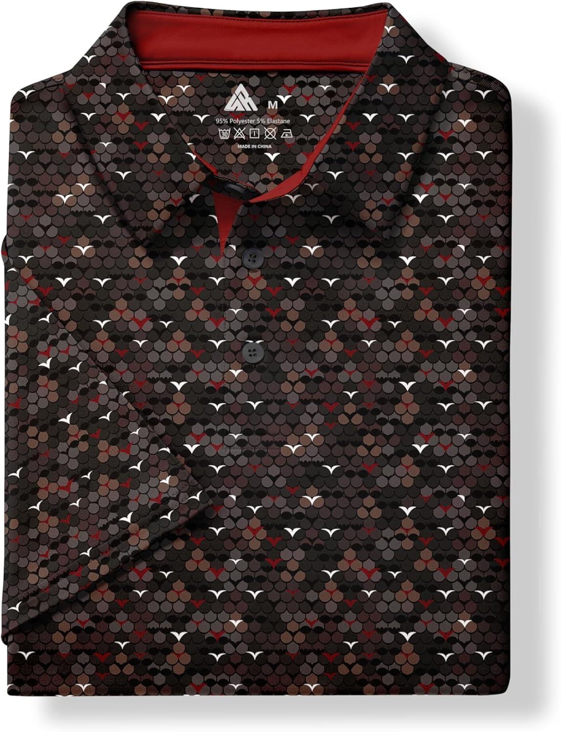 imageZITY Mens Golf Shirt Short Sleeve Moisture Wicking Performance Daily Casual Print Patterns Collared Golf Polo Shirts for MenBlack White Red